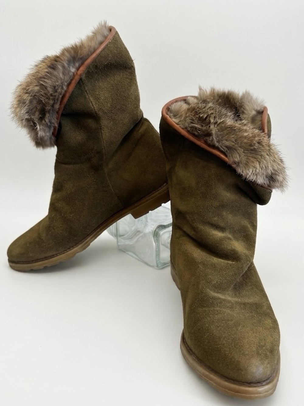 L.L. Bean Flat Boots Sz 6.5 Women's Fur-Lined Green Suede Cozy Vintage Cabincore
